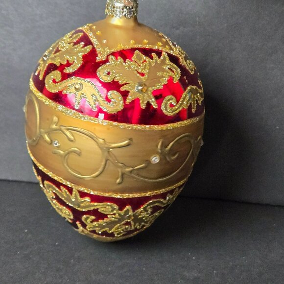 Frontgate Red Gold Glass Christmas Ornament 5" Jeweled Egg Pattern Holiday Decor - Picture 3 of 7